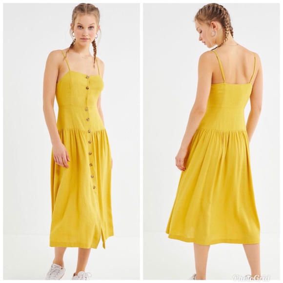 Urban Outfitters Linen Button-Down Drop Waist Pleated Skirt Midi Dress Mustard - Picture 1 of 16